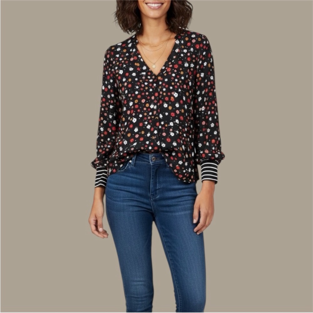 Cabi Cheerful black white red floral striped trim button down top Medium #3957